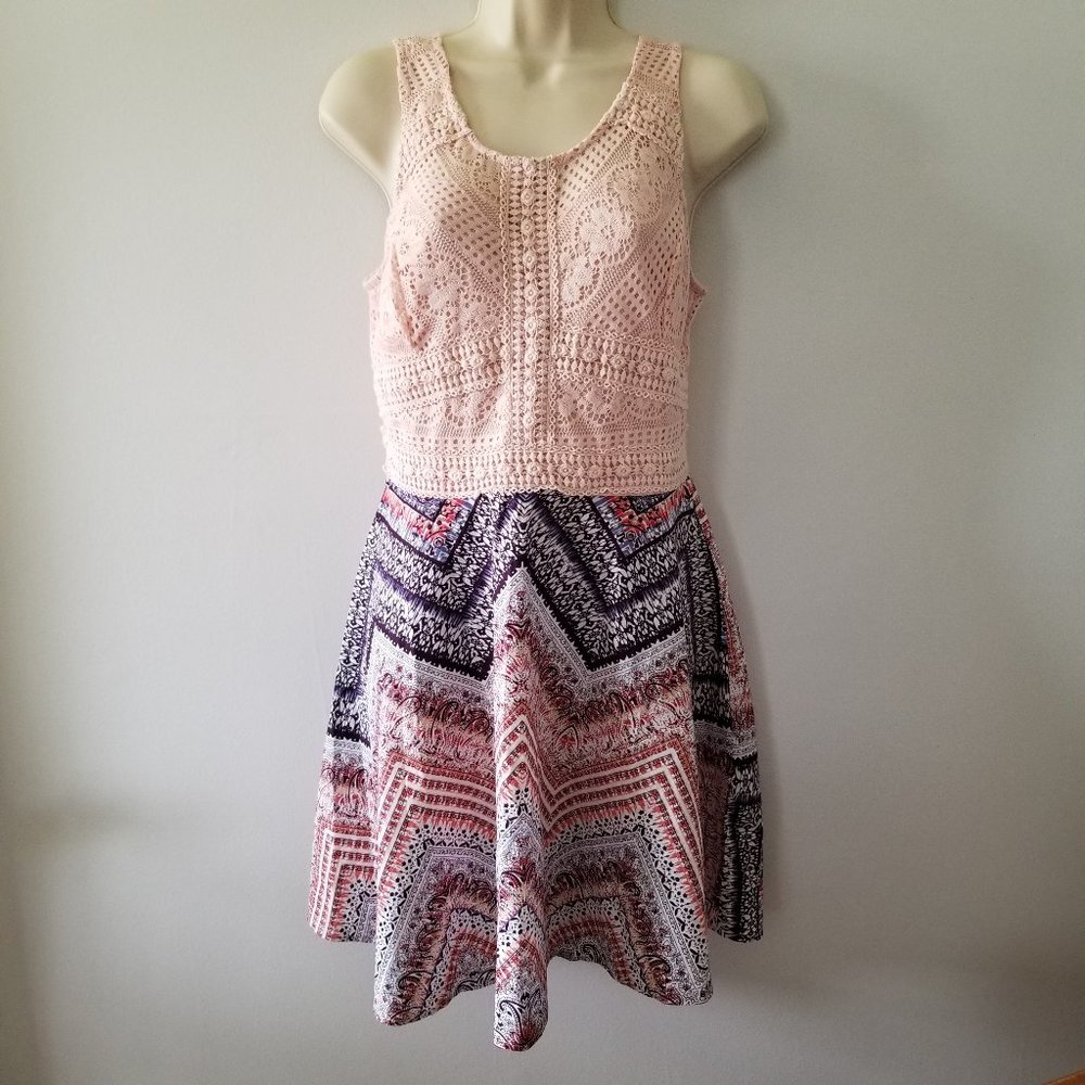 R  Wish Bohemian Fit & Flare Sleeveless Lace Bodice Mini Dress